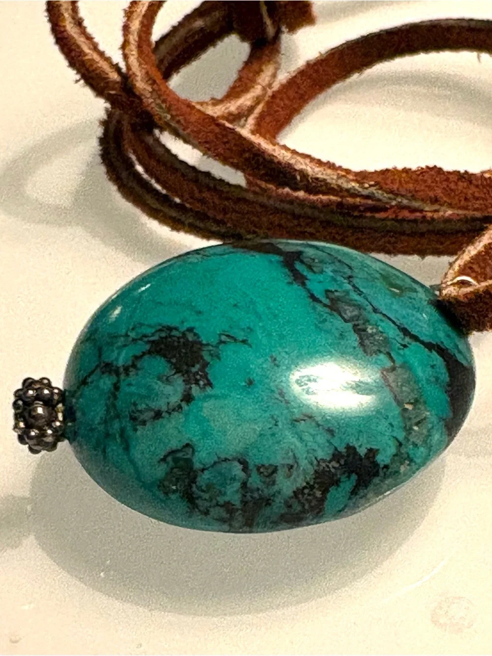vintage brown leather corded tibetan chunky turquoise nugget pendant